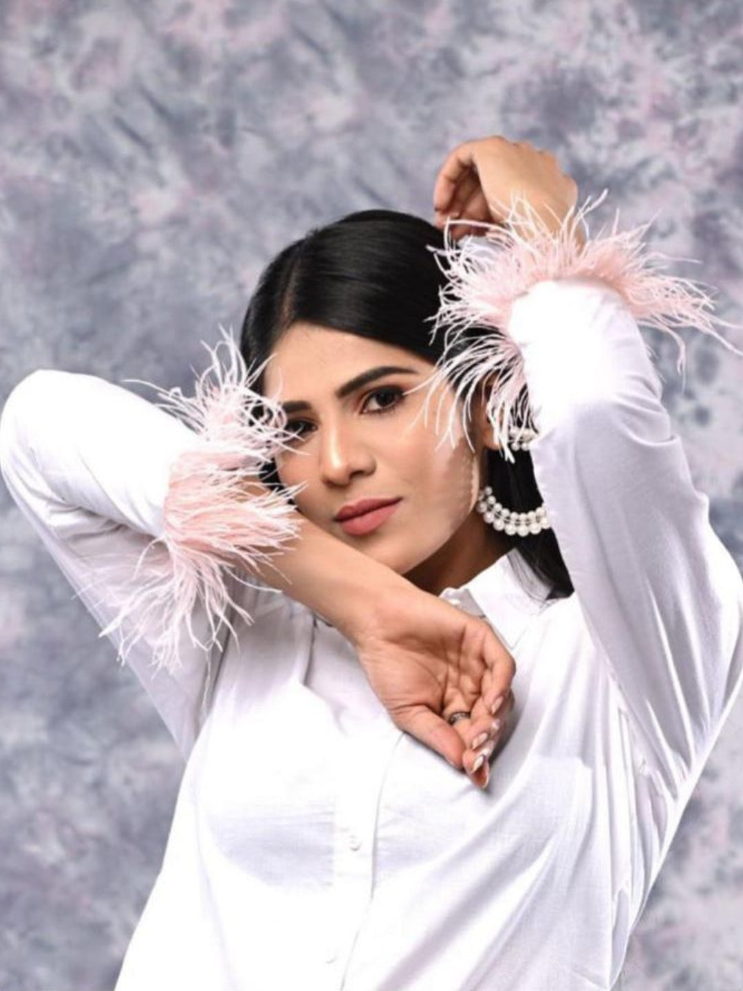 White Poplin Shirt with Feather Detailing