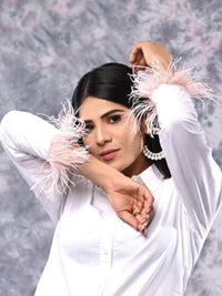 White Poplin Shirt with Feather Detailing